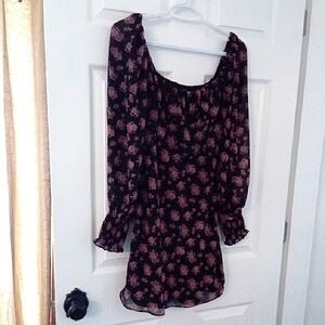 Cotton Candy Women's Black With Pink Floral Scoop Neck Bohemian Mini Dress